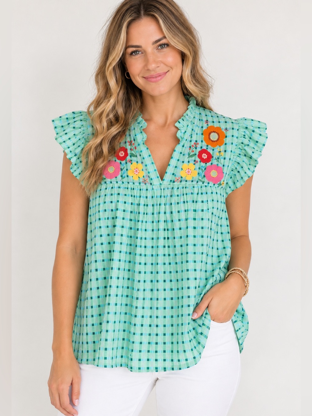 Umgee Embroidered Gingham Top Floral Large Ruffle